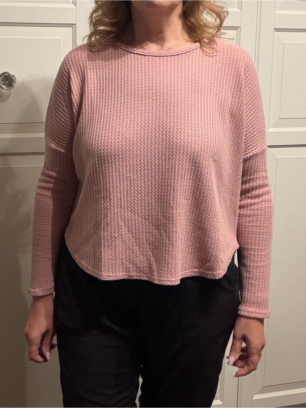 Paper Crane Blush Pink Waffle Knit Long Sleeve Top